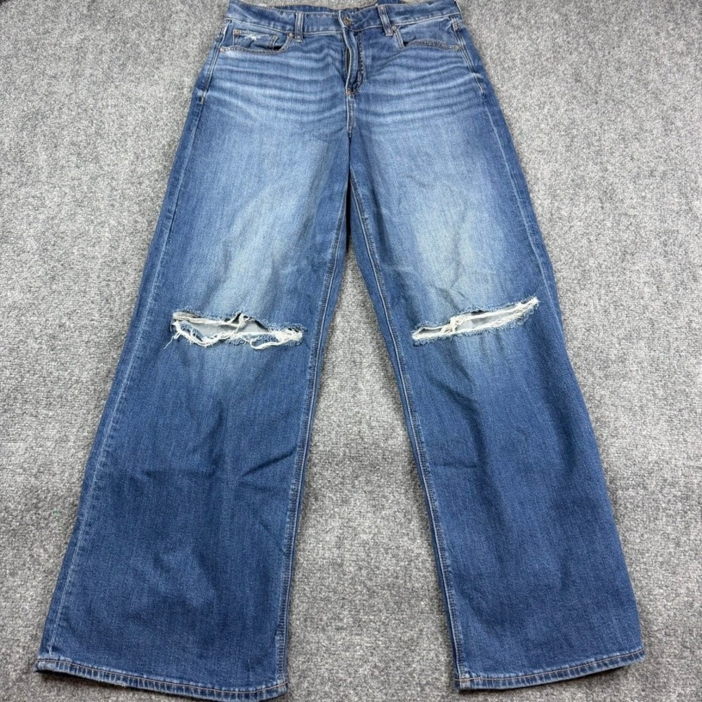 American Eagle Baggy Wide Leg Jeans Womens 10 Blue Super High Rise Distressed